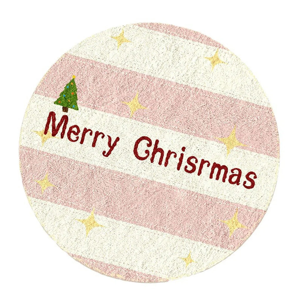 Round Christmas carpet with imitation cashmere fabric showing festive prints of gingerbread man and Christmas stockings