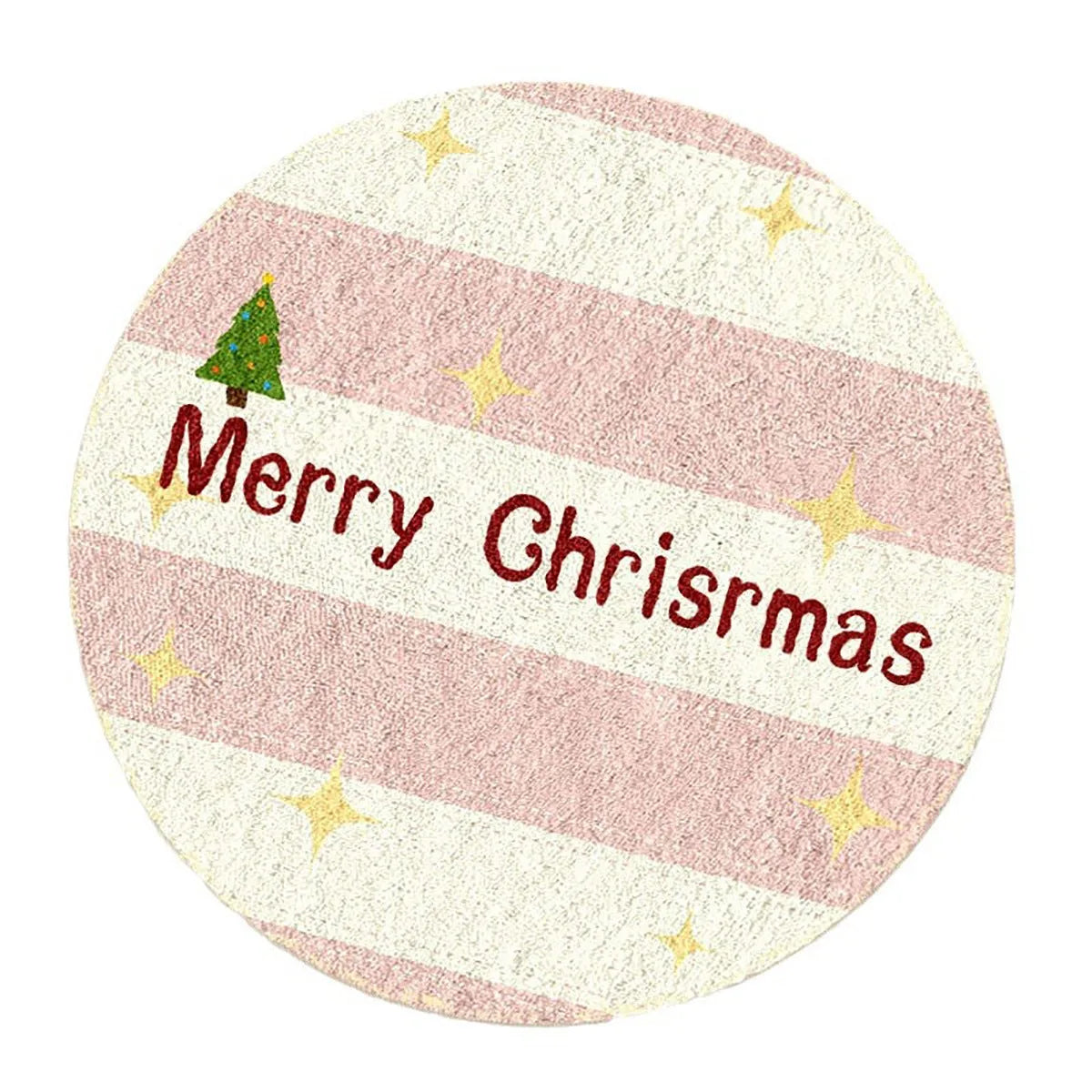Round Christmas carpet with imitation cashmere fabric showing festive prints of gingerbread man and Christmas stockings