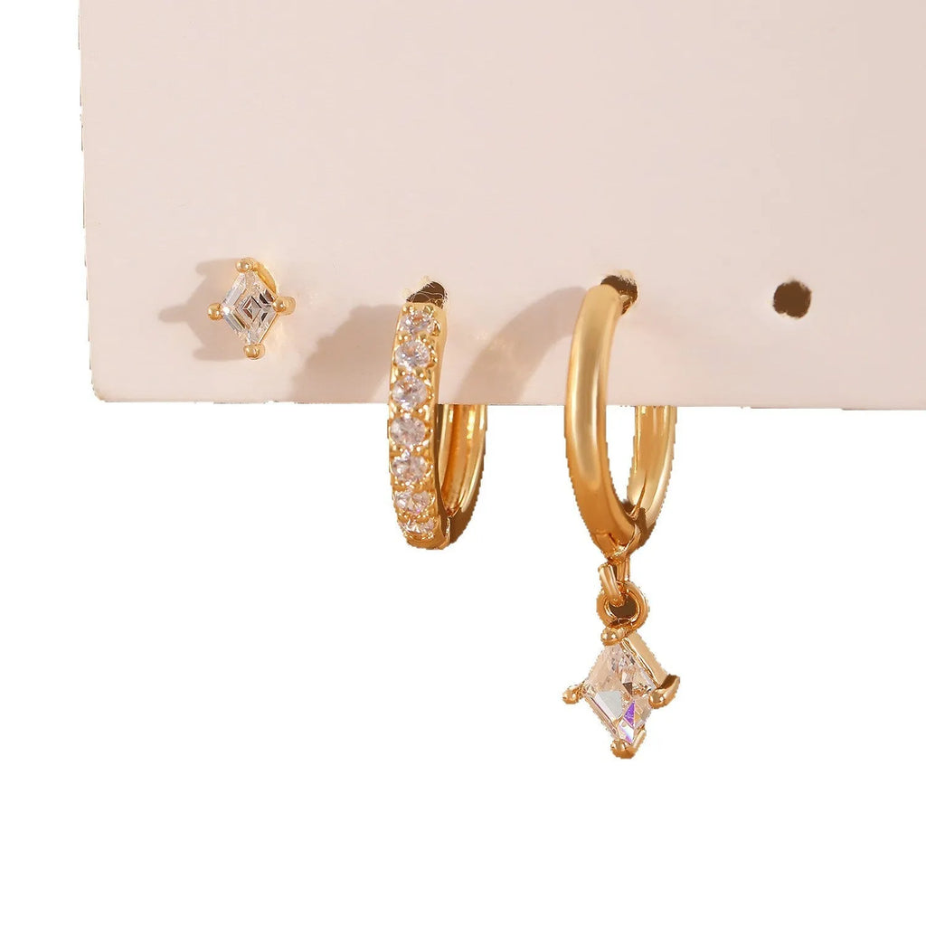 Copper ladies earring set with zircon inlay geometric diamond design in gold and silver colours