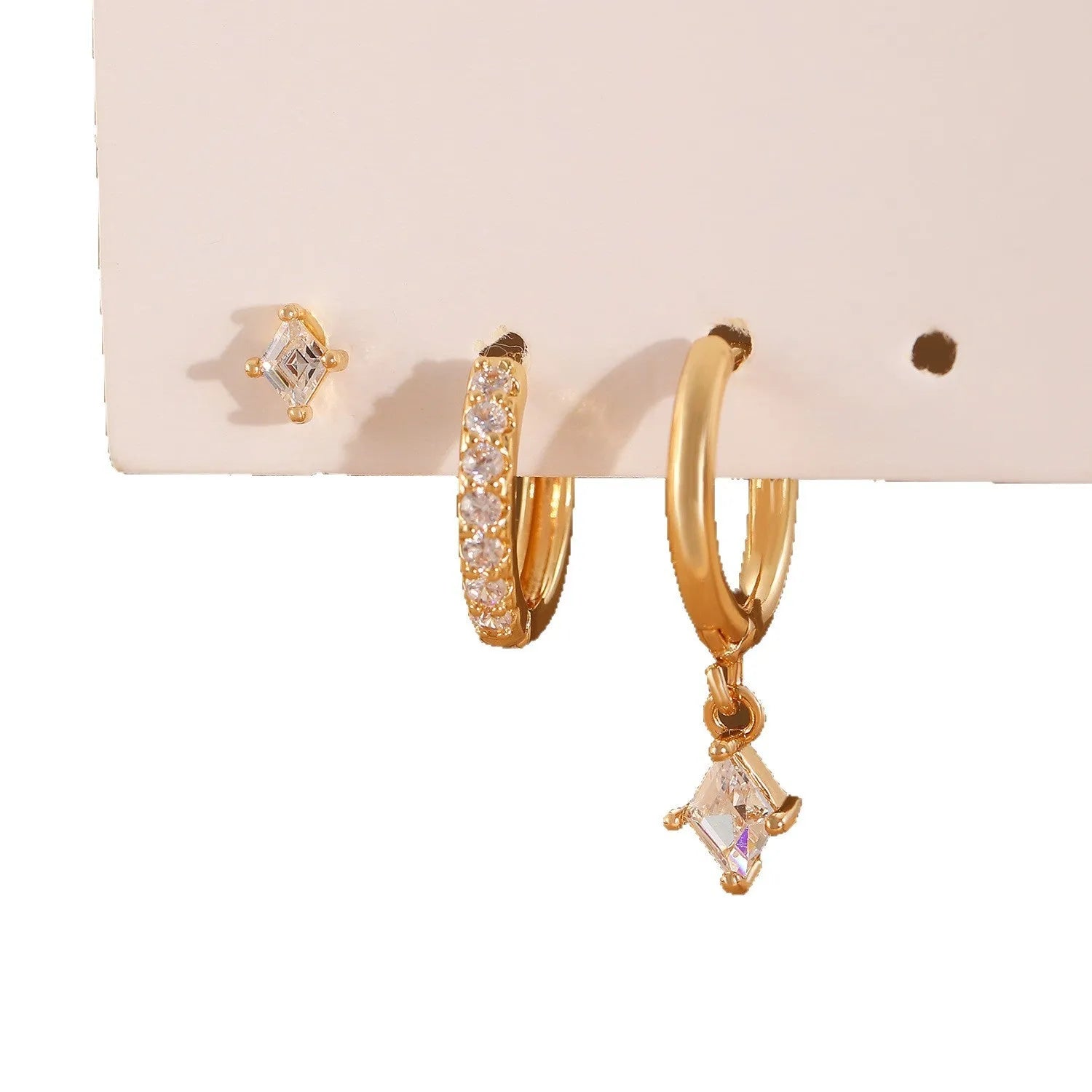 Copper ladies earring set with zircon inlay geometric diamond design in gold and silver colours