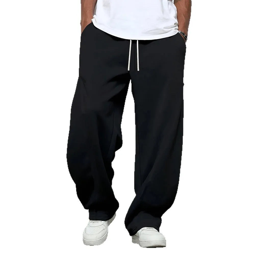Men's straight leg casual trousers in polyester with micro-elastic waistband