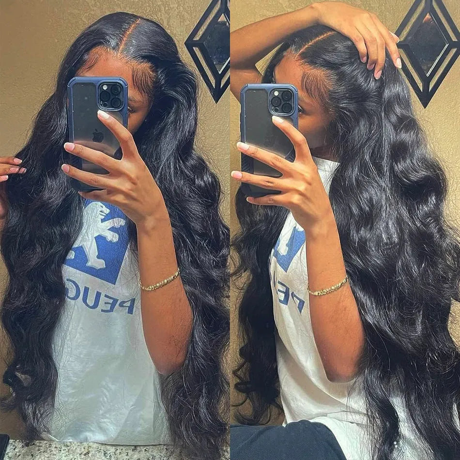 Black synthetic long curly wig with front lace and side bangs on a stand.