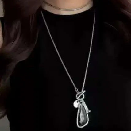 Long alloy sweater chain necklace with geometric water drop pendant on snake bone chain