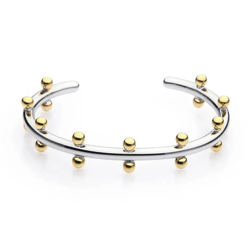 Stainless steel C-shaped bracelet with rivet bead texture in gold steel colour option