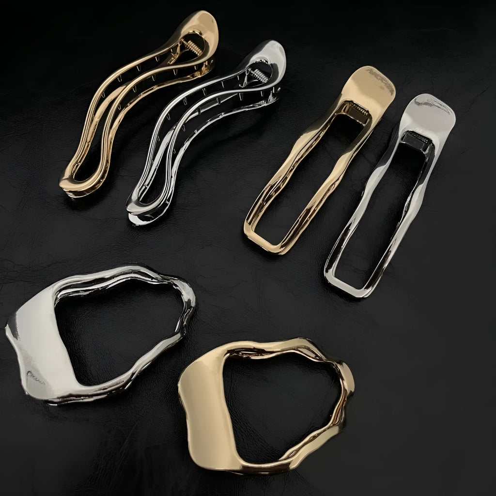 Women's zinc alloy hair barrettes showing square arc triangle shapes in gold and silver metallic finishes
