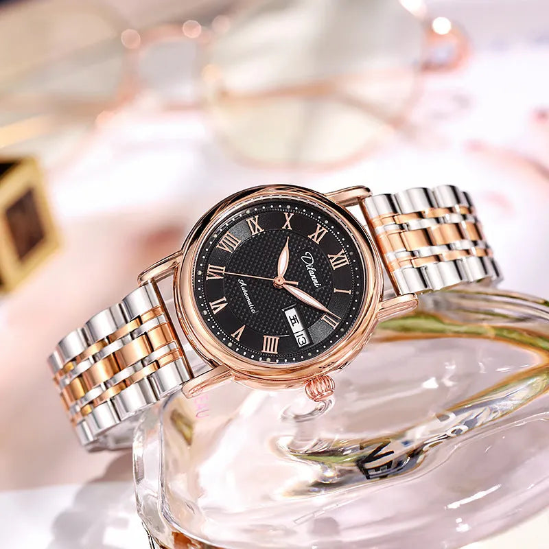 Fashion Trend automatic women's mechanical watch with steel bracelet or leather strap options