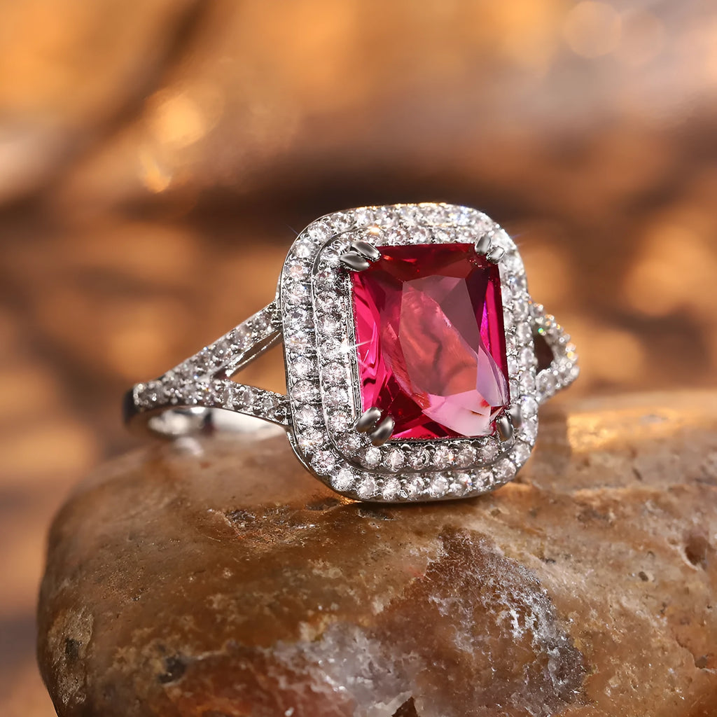 Red copper square women's ring with a geometric shape and central rhinestone decoration.
