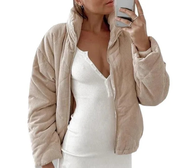 Apricot corduroy women's jacket with stand collar, long sleeves and front zipper