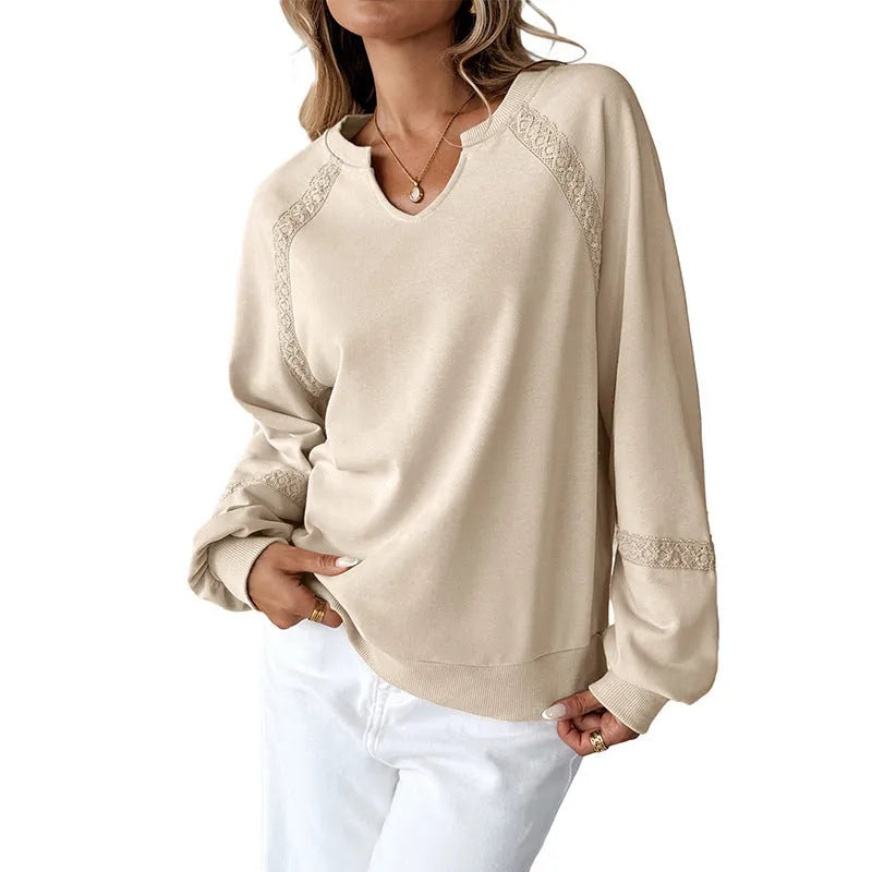 Women's half-open collar loose long sleeve sweater with stitching lace detailing in solid colour