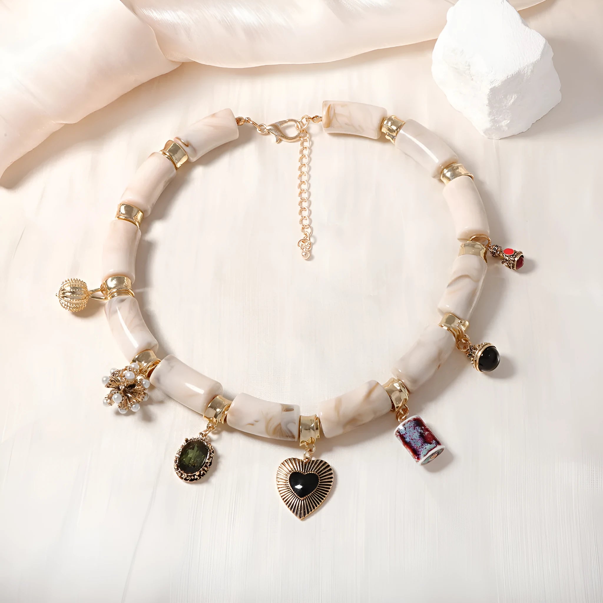 Heart-shaped resin bamboo necklace with electroplated finish on adjustable chain