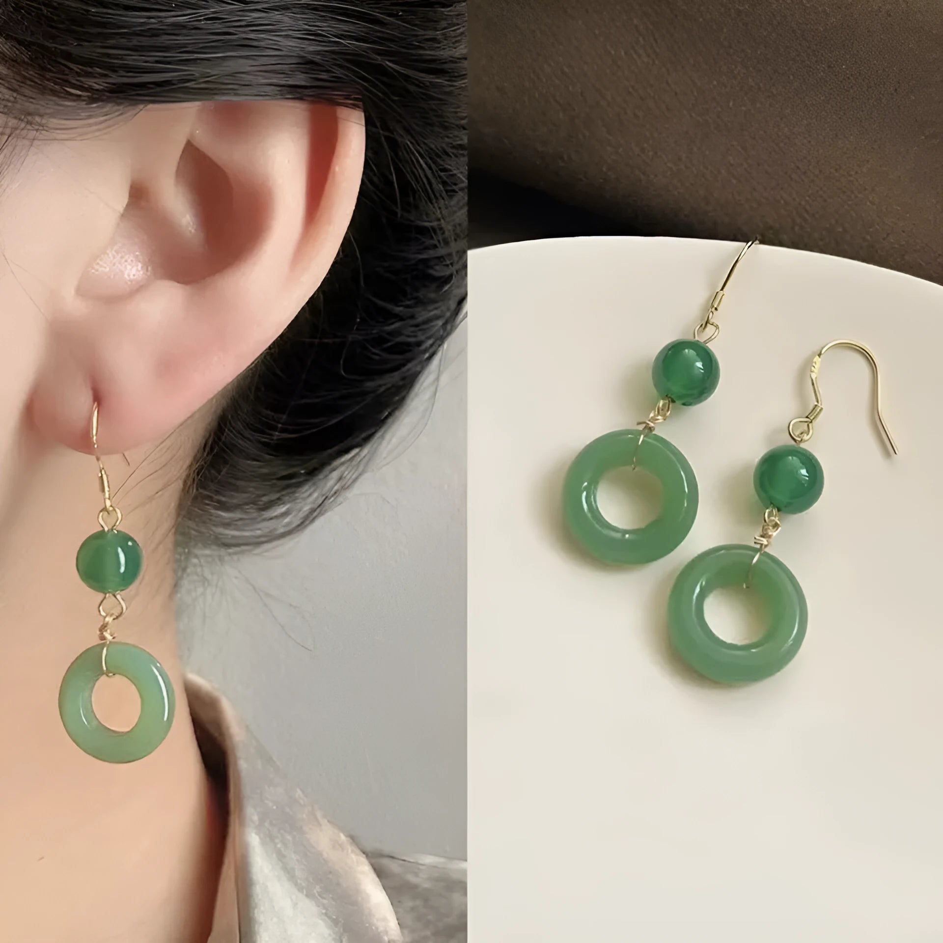 Green geometric peace buckle earrings with Chinese Han clothing and cheongsam design elements