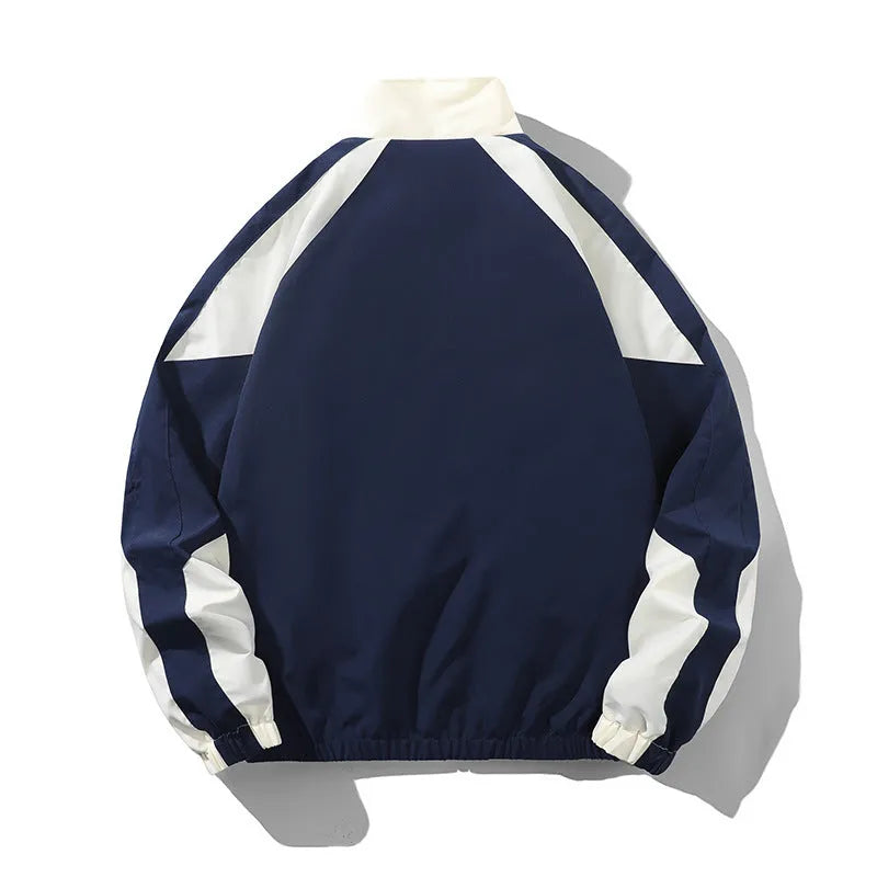 Men's loose fit casual jacket with contrast stitching and side pockets in black or dark blue.