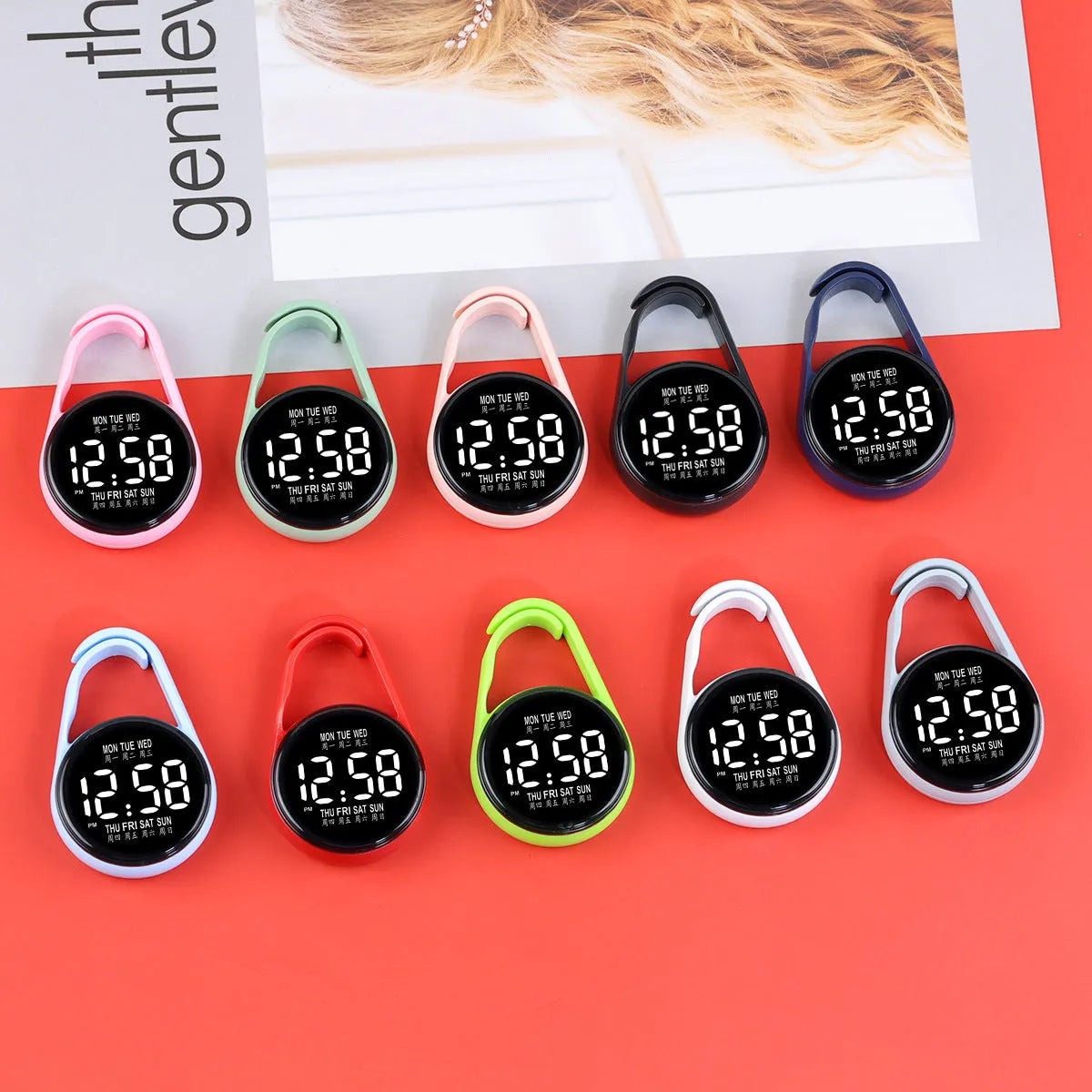 Simple LED luminous electronic watch with digital display on plastic strap in various colours