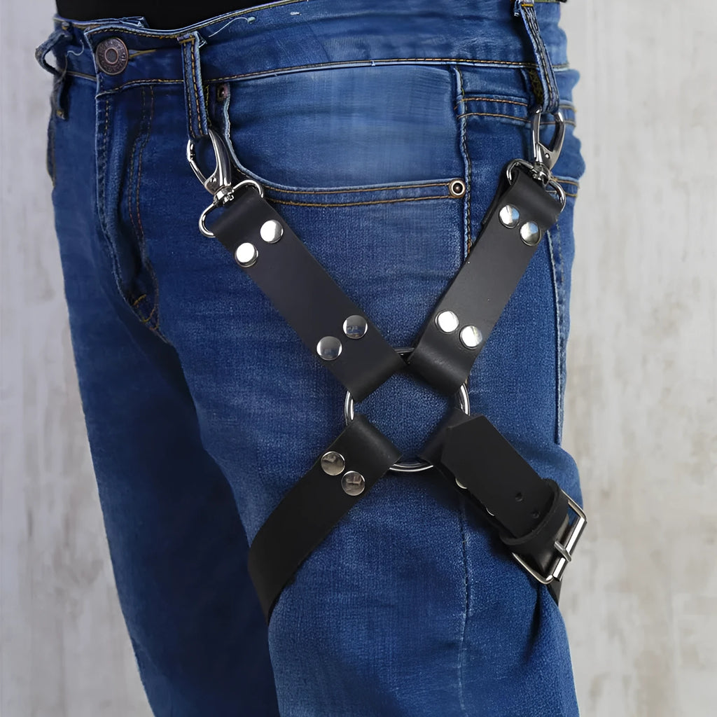 Black women's leggings with attached PU leather fashion accessories