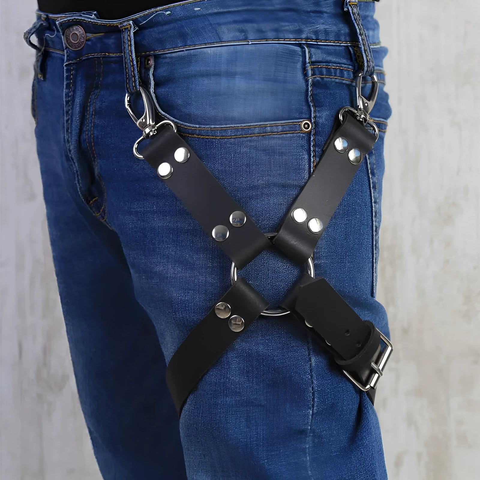 Black women's leggings with attached PU leather fashion accessories
