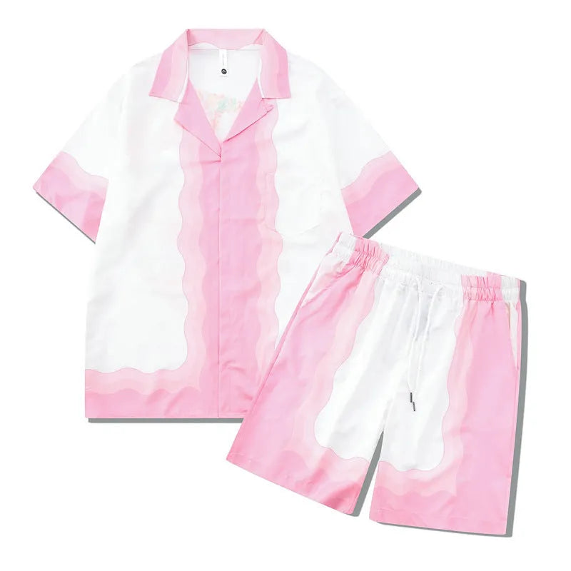 Plaid pattern beach outfit with short sleeve shirt and matching trousers in polyester fabric