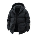 Man wearing a black, Korean-style, hooded cotton-padded winter coat with side pockets.