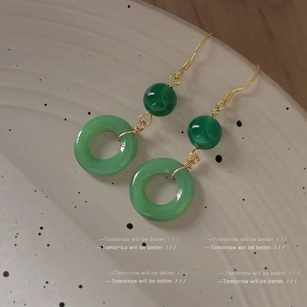 Green geometric peace buckle earrings with Chinese Han clothing and cheongsam design elements