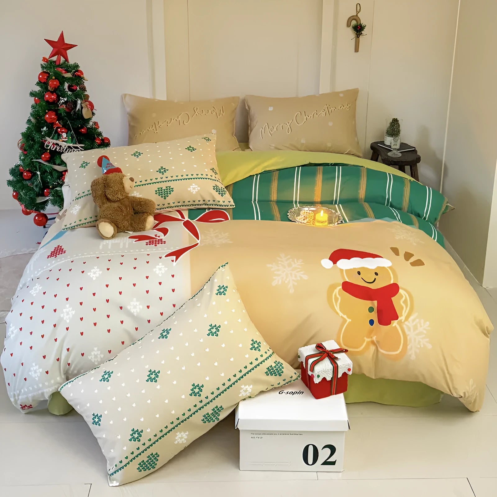 Christmas bedding set four-piece with printed cartoon design on washed cotton material