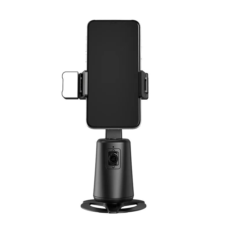 Black desktop phone bracket with rotating camera head and LED ribbon lights for face tracking video calls