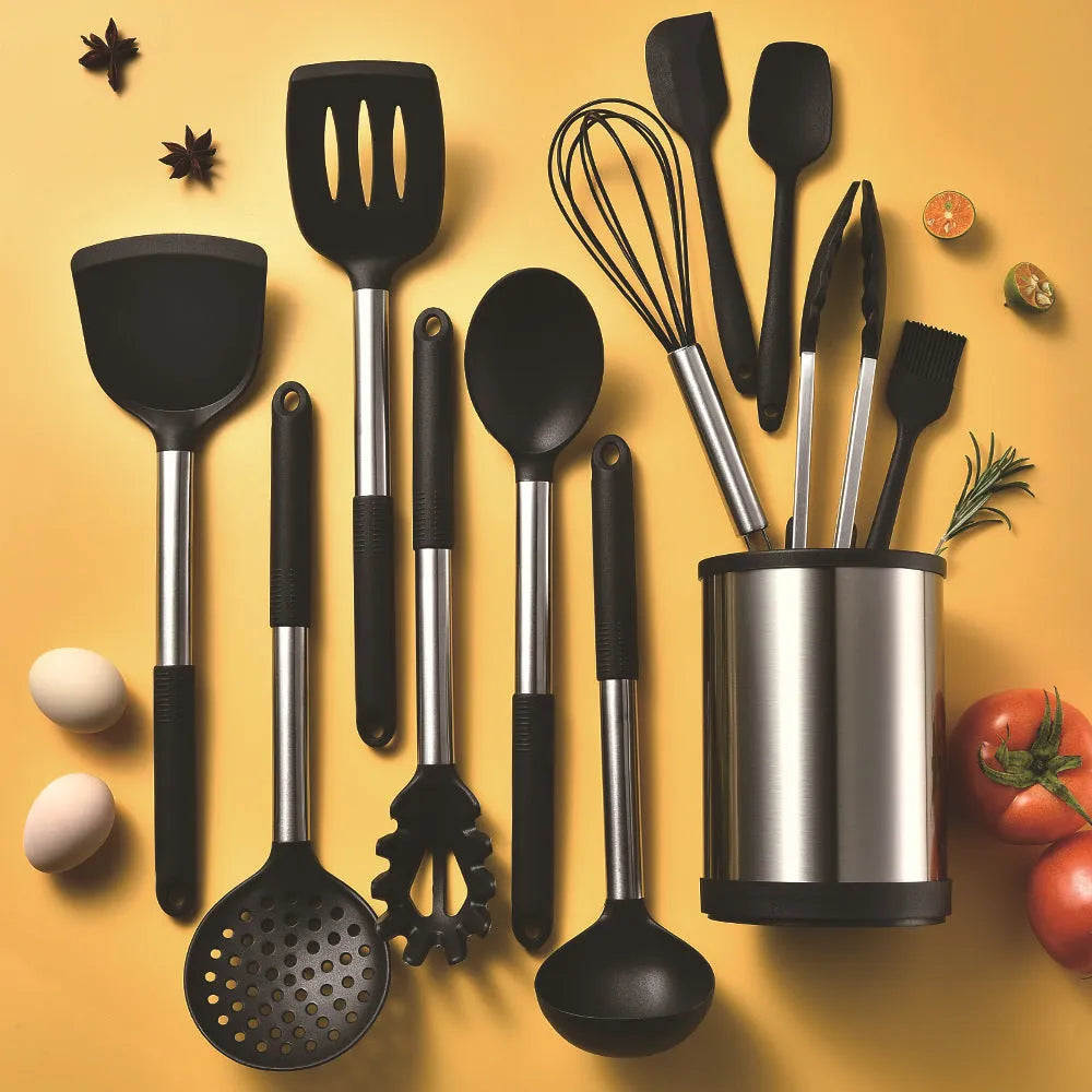 12-piece silicone kitchen utensil set with storage bucket in black, including ladle, spatula, claw tools and egg beater