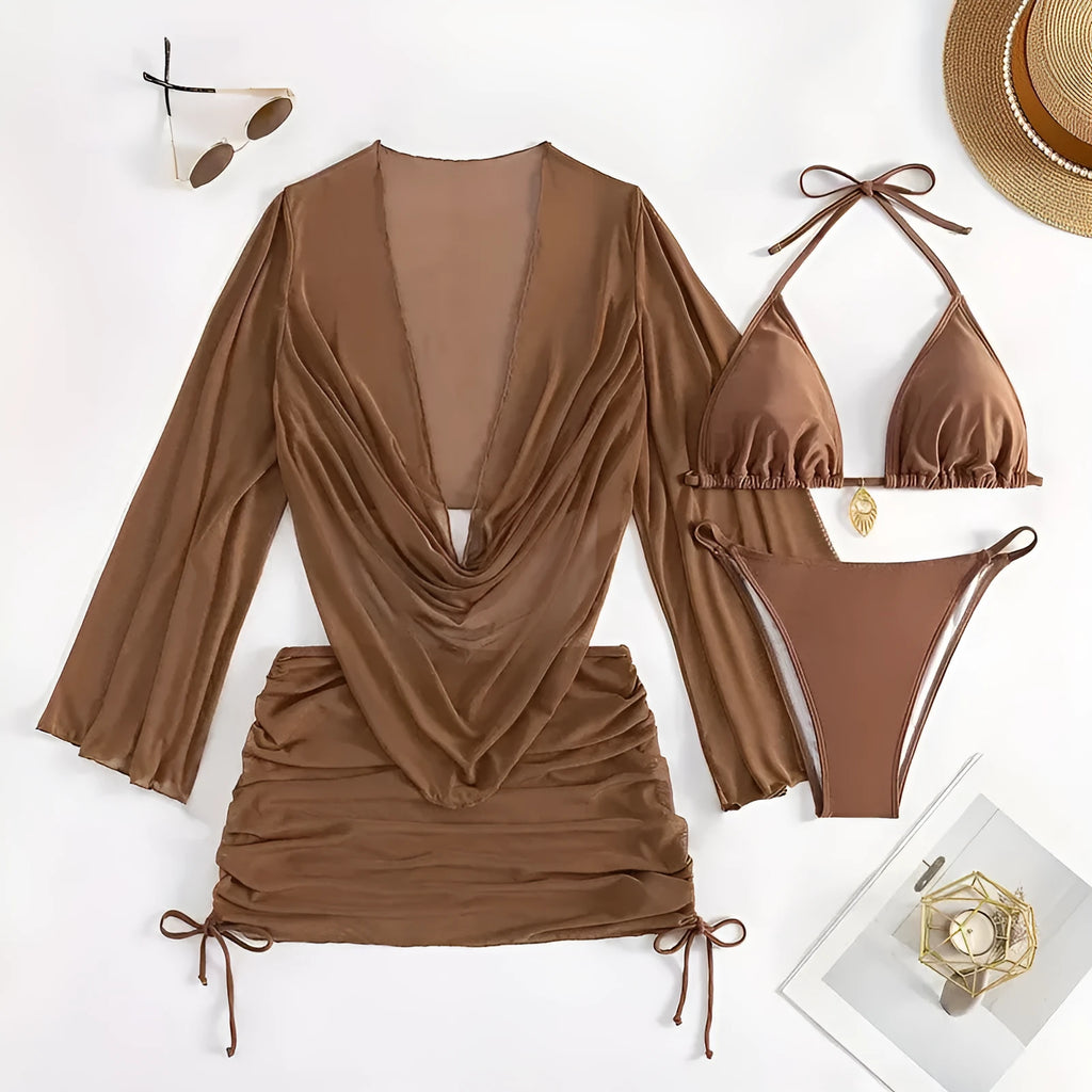 Women's dark brown backless bikini suit with lace-up detail and tight solid color design