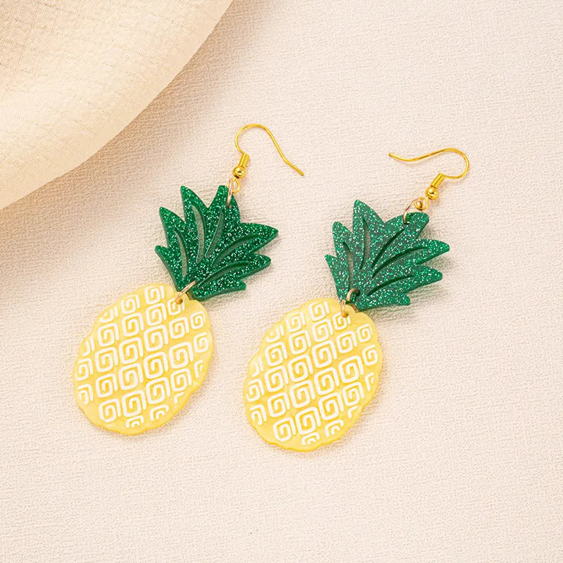 Close-up of acrylic drop earrings with a coconut artocarpus design on alloy hooks, showing one of five colour styles.