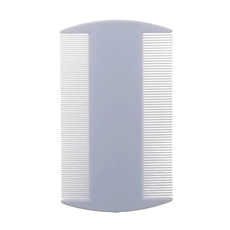 A white plastic double-edged fine-toothed flea and lice comb on a plain background.