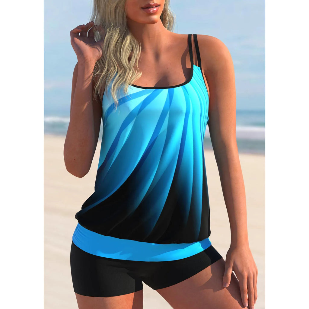 Plus size women's swimsuit set with halter-neck top and conservative beach shorts in Butterfly print pattern.