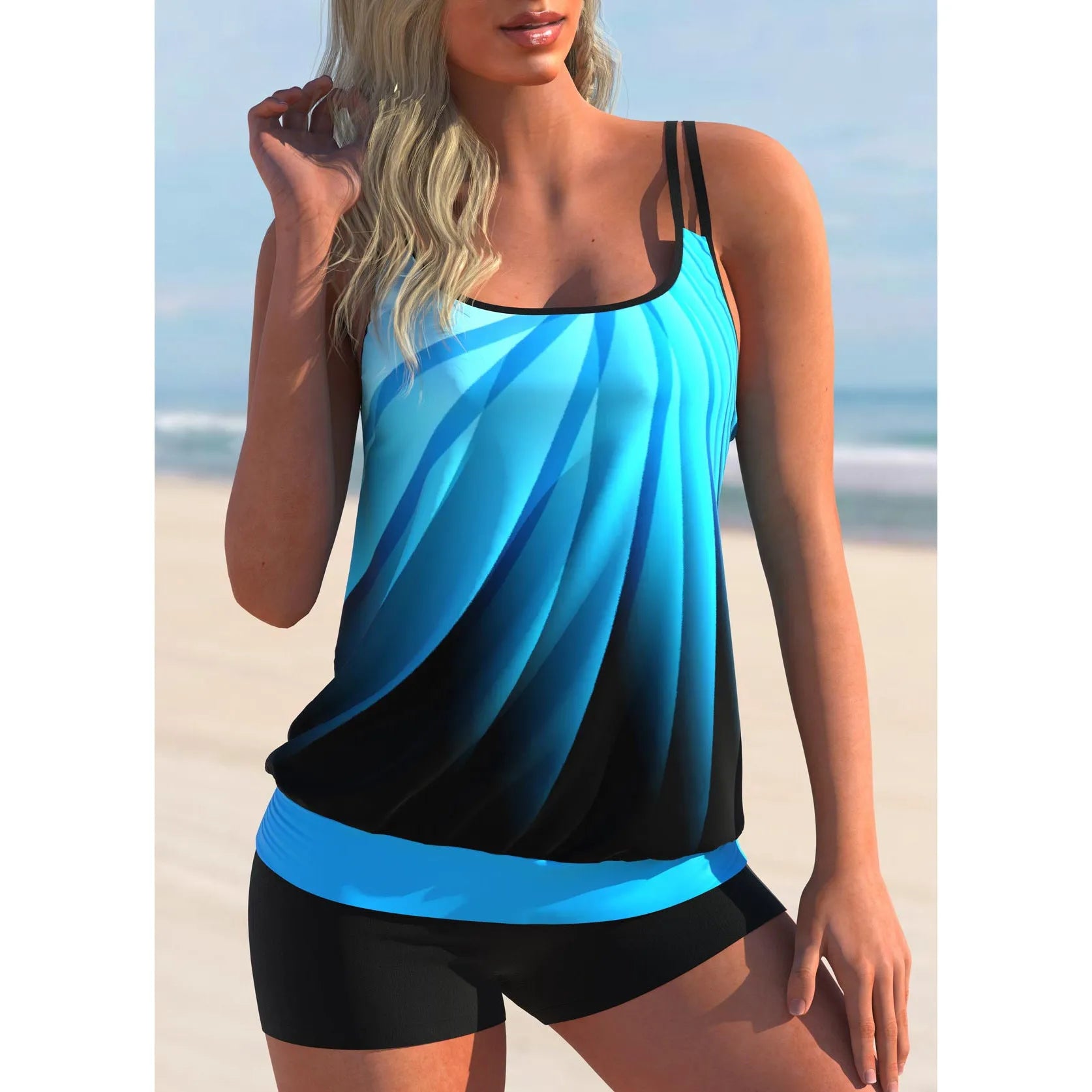 Plus size women's swimsuit set with halter-neck top and conservative beach shorts in Butterfly print pattern.