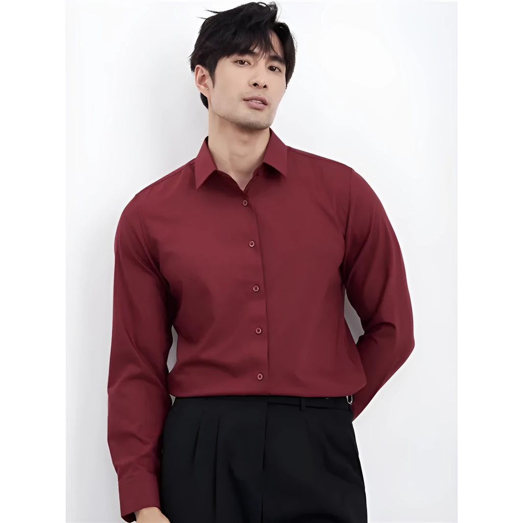 Men's wine red slim fit business shirt with long sleeves on hanger