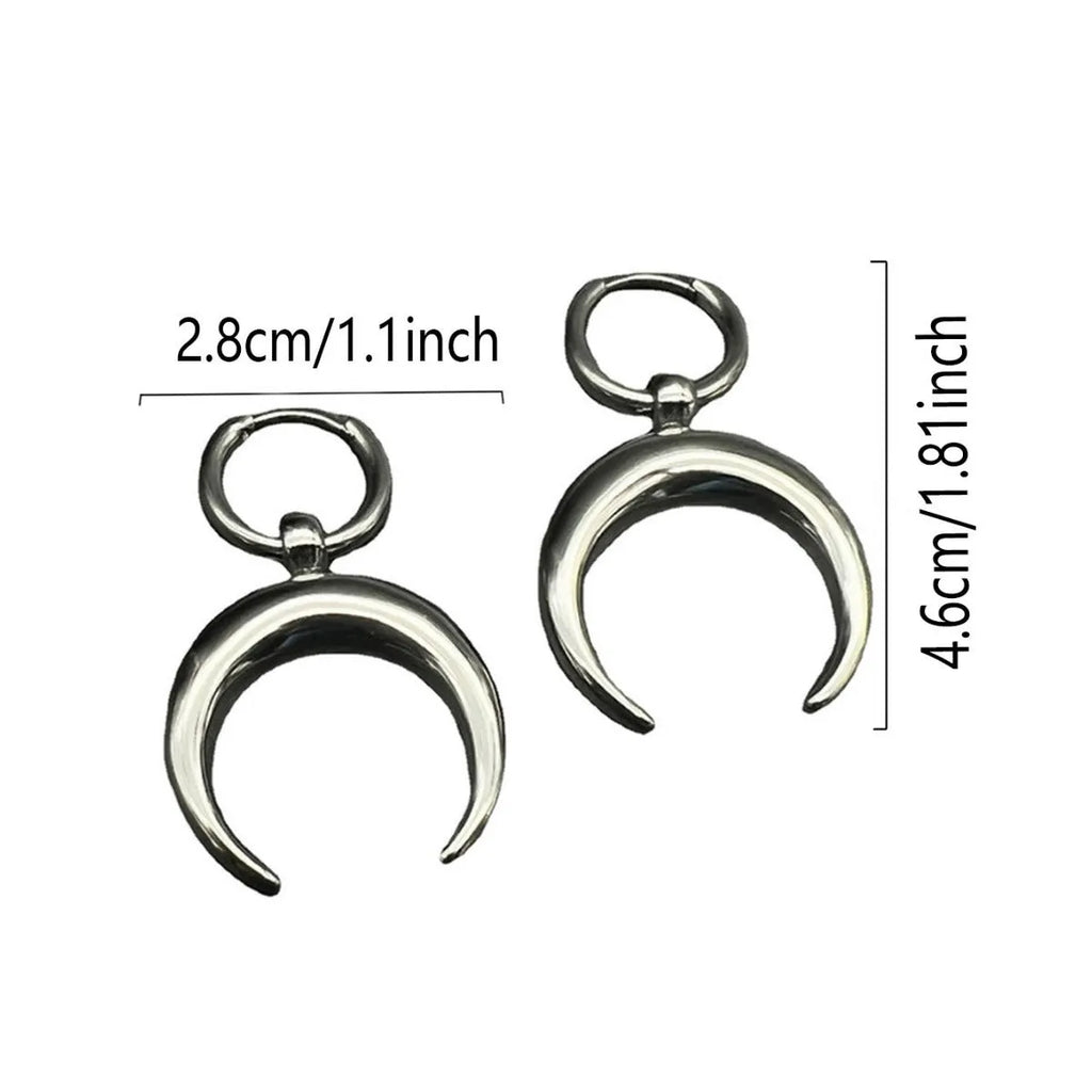 Silver big hoop earrings with vintage gothic moon design and geometric punk style