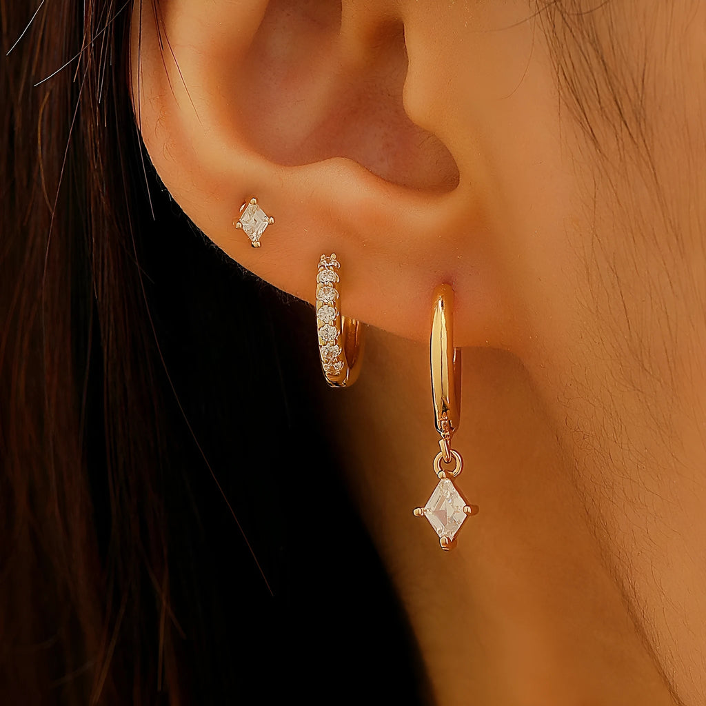 Copper ladies earring set with zircon inlay geometric diamond design in gold and silver colours