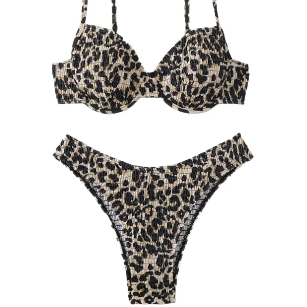 Women's leopard print bikini set with backless design in brown and red colour options.