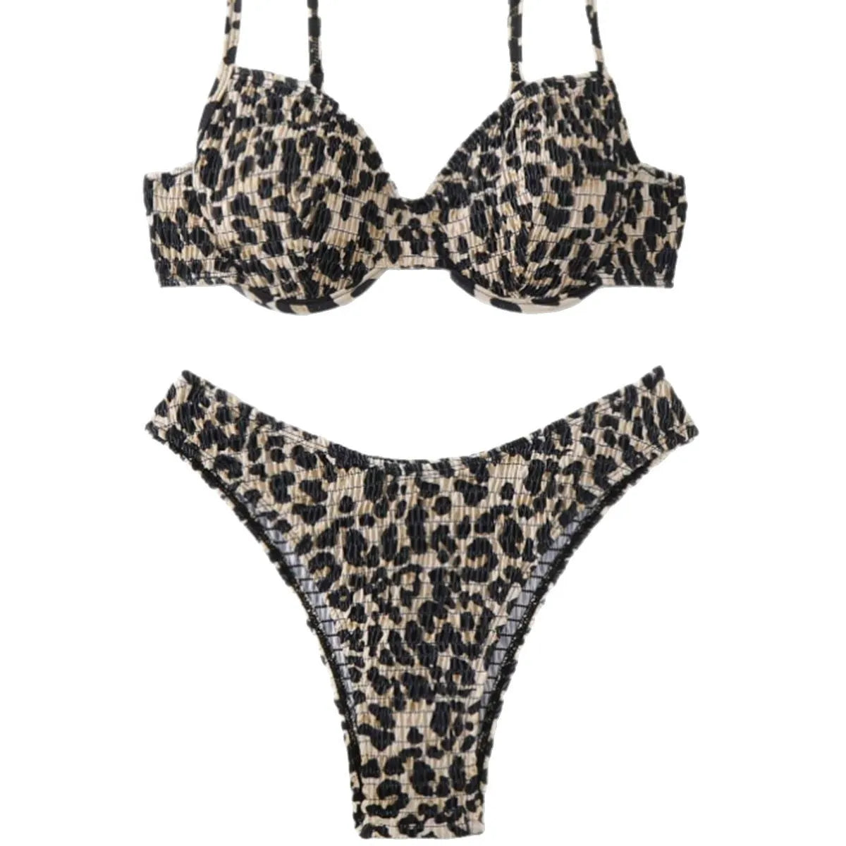 Women's leopard print bikini set with backless design in brown and red colour options.