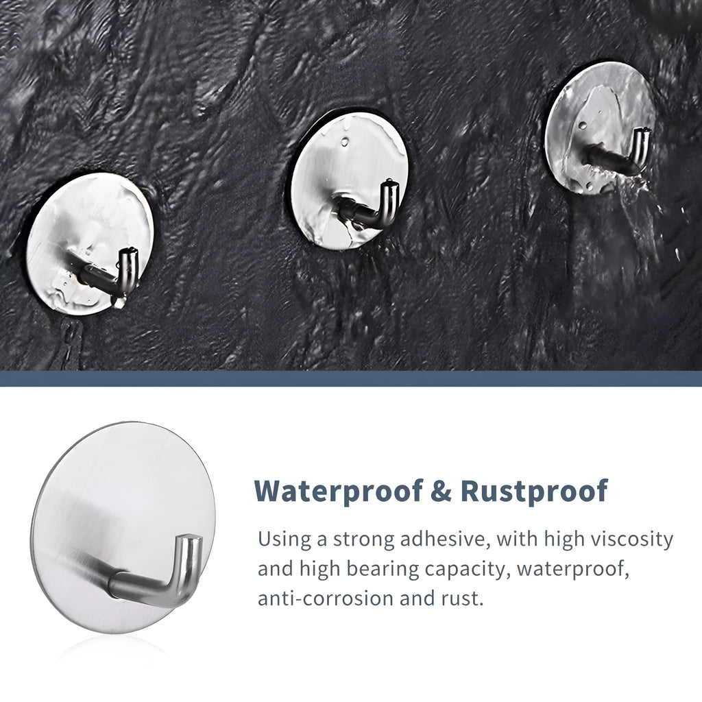 Self-adhesive stainless steel round hook in black and polished finishes for wall mounting.
