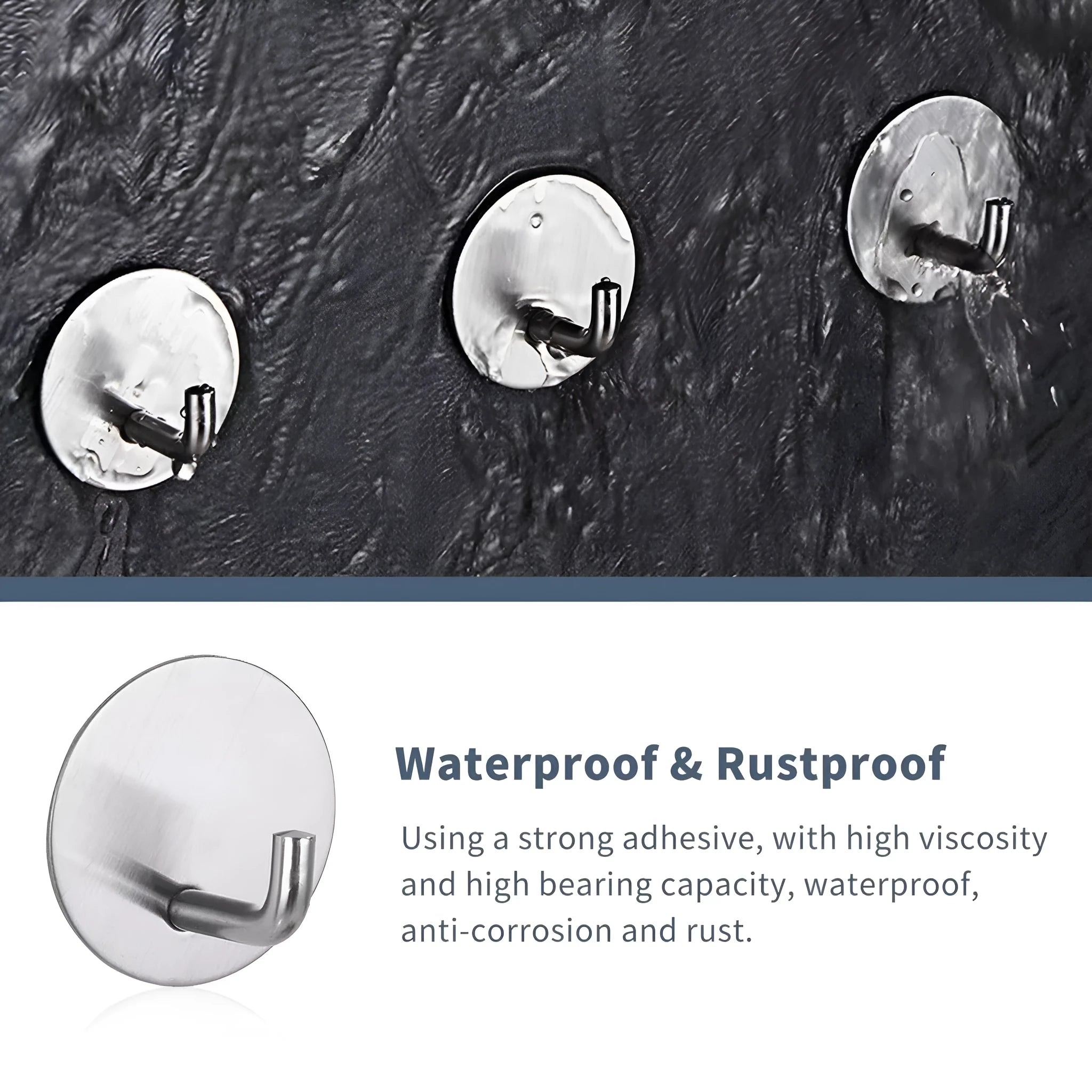 Self-adhesive stainless steel round hook in black and polished finishes for wall mounting.