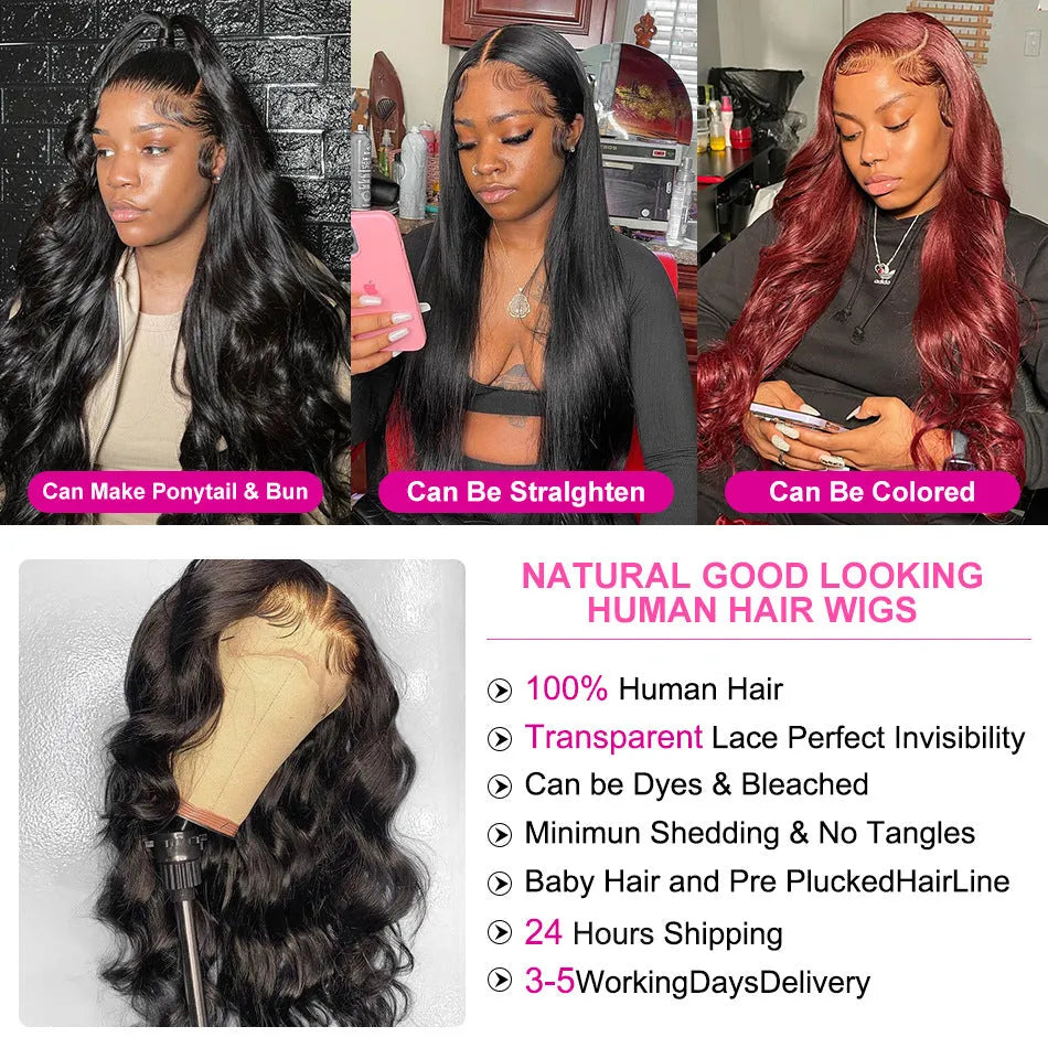 Black synthetic long curly wig with front lace and side bangs on a stand.