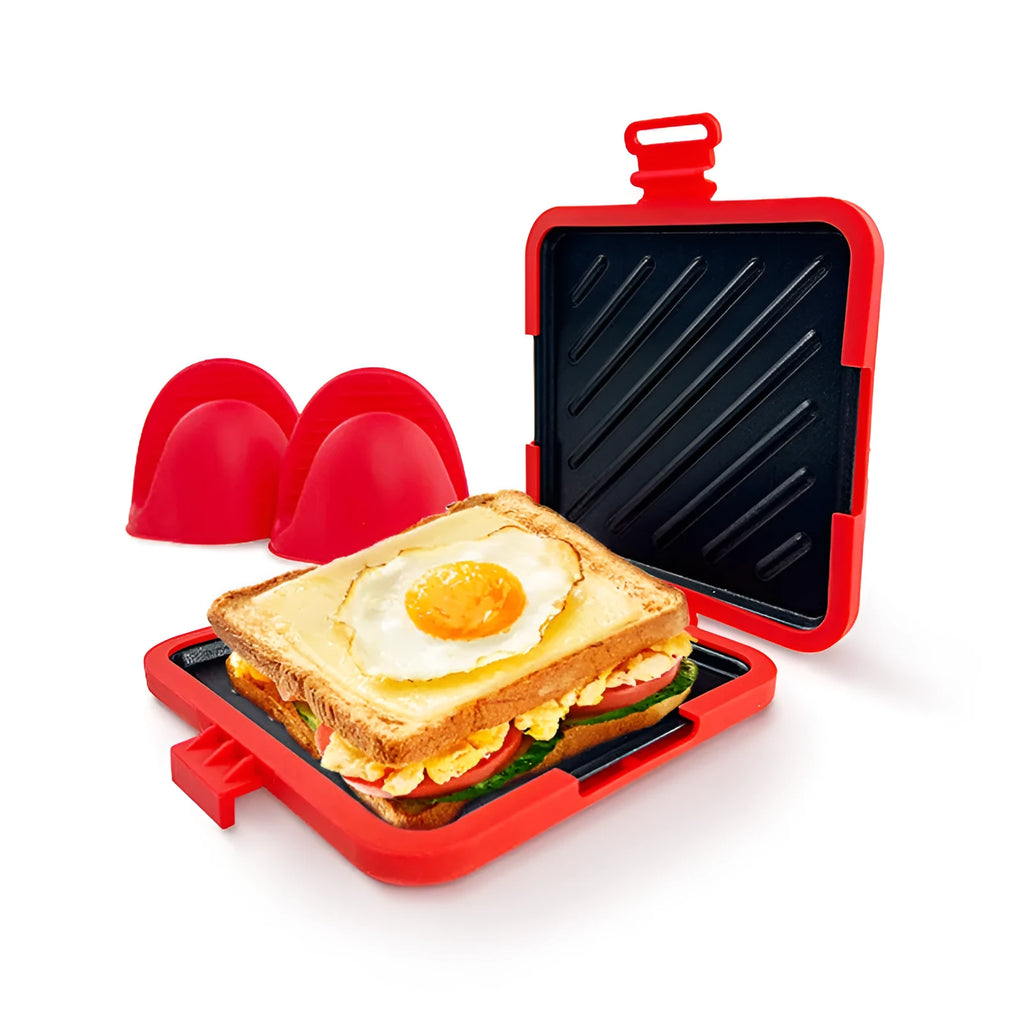 Red silicone baking tray with matching silicone gloves for oven safety