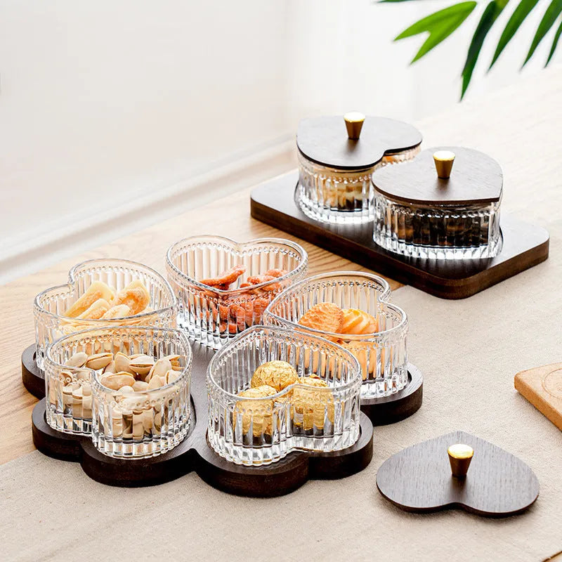 Glass snack serving platter with coloured glaze and heart-shaped transparent bowls in a 4-grid configuration.