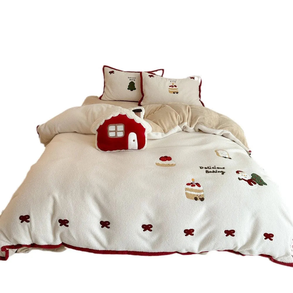 Winter Christmas bedding four-piece set with Snowy Milk Pastry cartoon pattern for bed