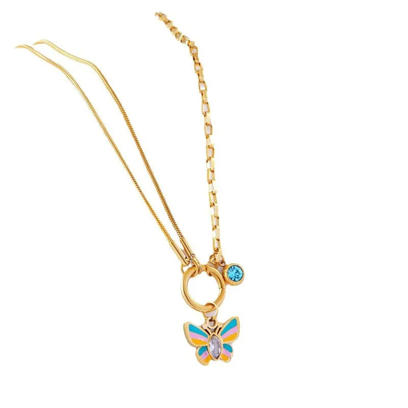 Gold titanium steel butterfly necklace and bracelet set with epoxy colourful detailing on snake bone chains