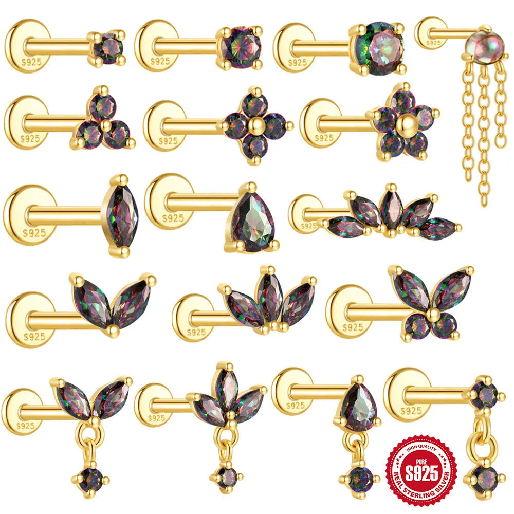 S925 sterling silver flat head thread earrings with geometric shape and super shiny rainbow stones