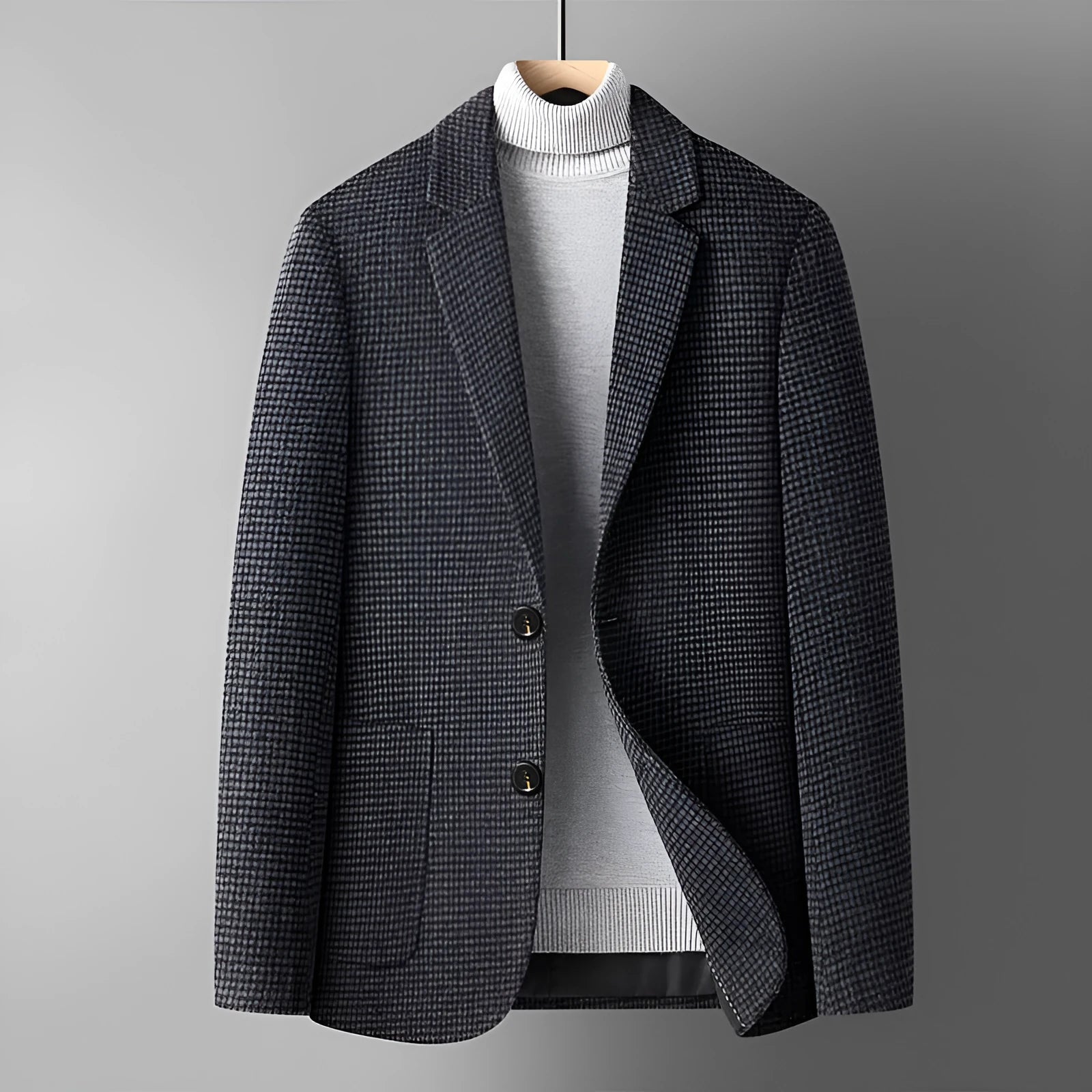 Men's slim-fit wool suit in grey on a hanger, showing single-breasted jacket and trousers.