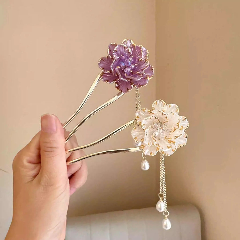 Purple and white retro U-shaped hairpin with peony flower and tassel decorations