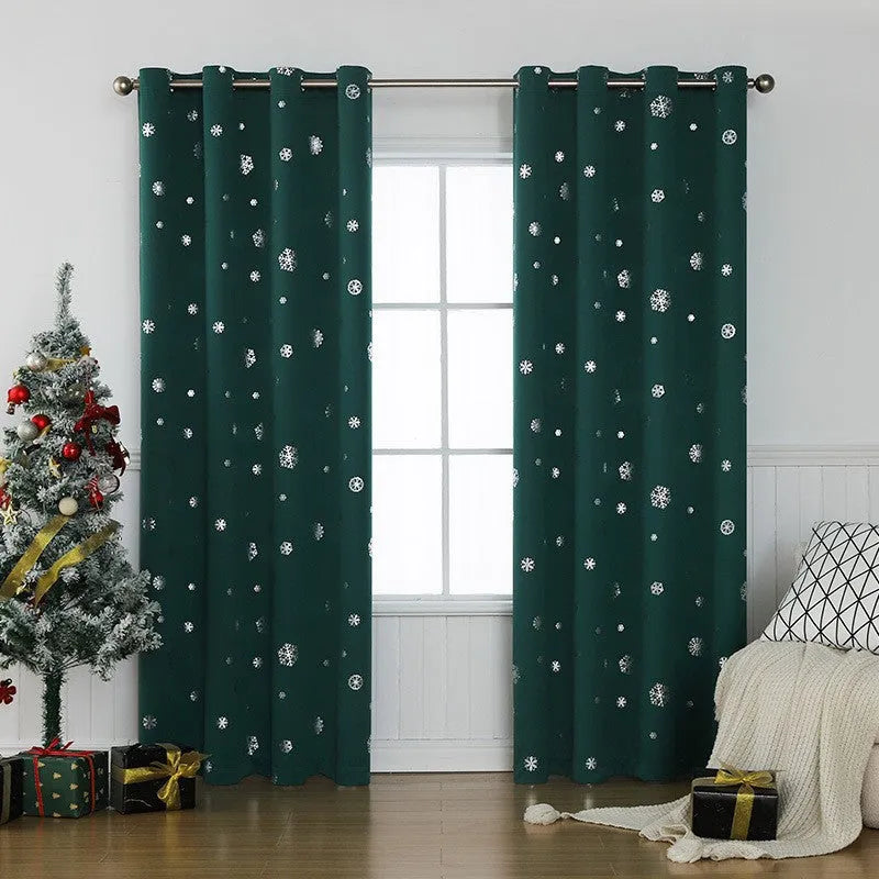 Snowflake pattern shade cloth curtain in red or green with lace loop or iron hoop hanging