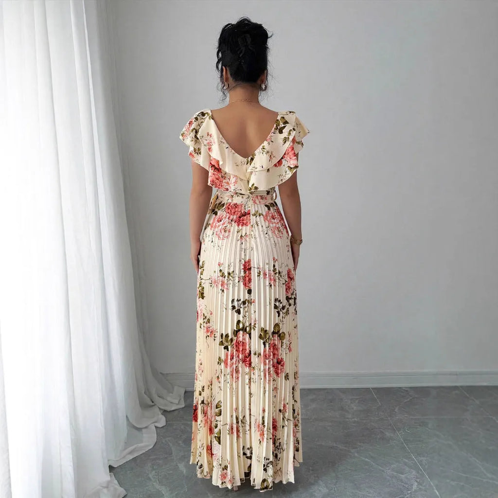 Apricot V-neck floral print dress with ruffled sleeves and swing skirt