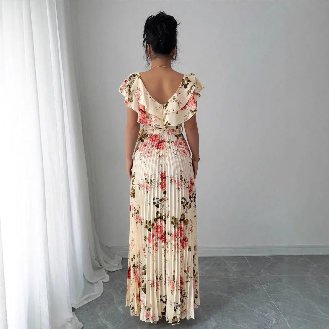 Apricot V-neck floral print dress with ruffled sleeves and swing skirt