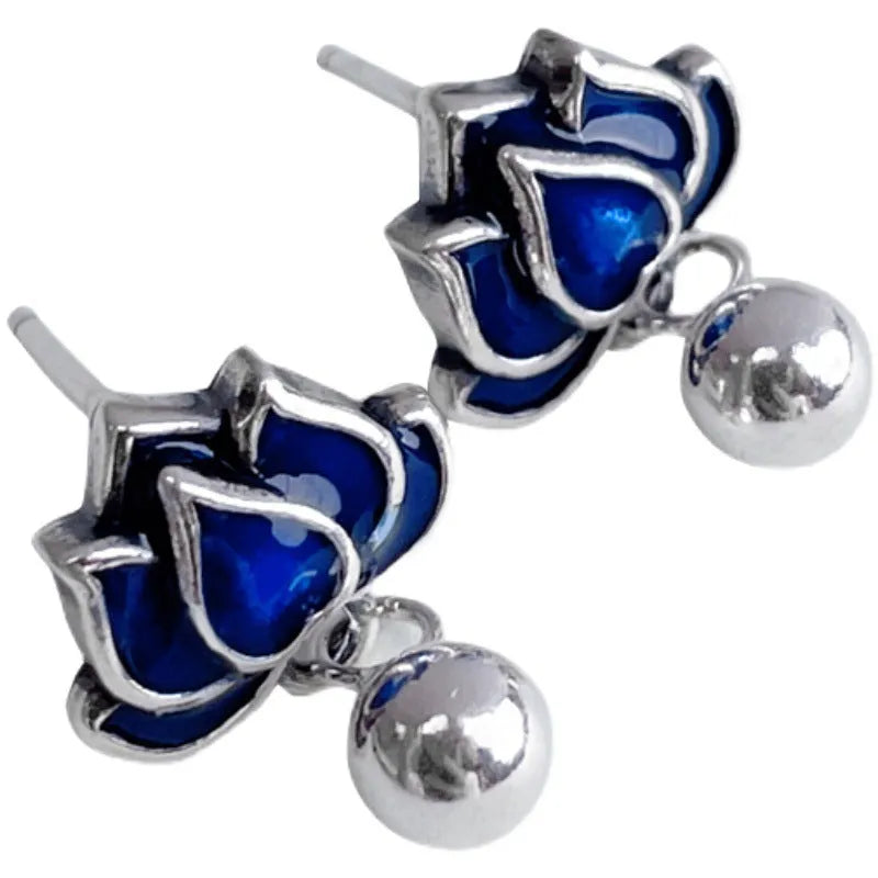 Blue lotus earrings with artistic seedpod tassel design, 1.2cm wide ear studs