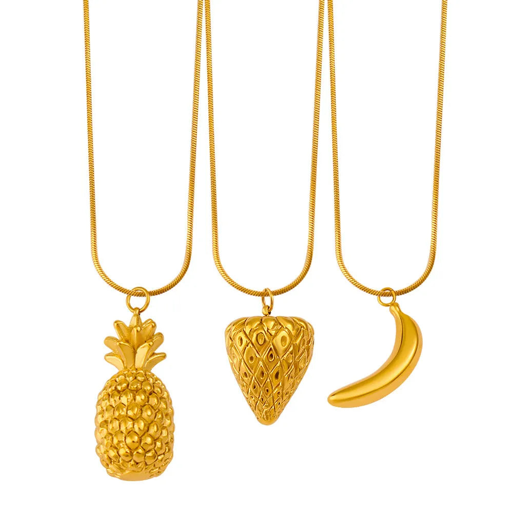 Stainless steel fruit necklace pendant in six fruit colours on regular chain